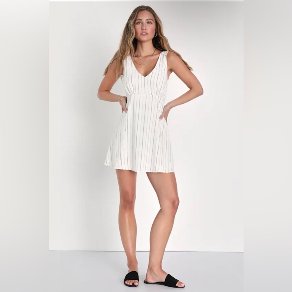 NWT Lulu's Signs of Summer Ivory & Black Striped Tie-Strap Mini Dress